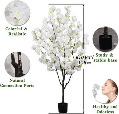 Indoor Cherry Blossoms Tree White Artificial Cherry Blossom Tree 6FT Faux Bedroom Trees for Home Christmas New Year Decor