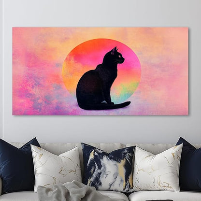 Black Cat Canvas Wall Art - Pink & Purple Sunset Landscape Painting with Silhouette Cat, Cute Retro Cartoon Cat Poster Painting Abstract Animal Wall Décor for Living Room Kid's Girls Bedroom Nursery Ready to Hang 30L x 16W (30x60 Inches)