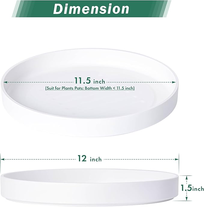 Phoenix Vine 12 Inch Plastic Plant Saucer Water Drip Tray, Heavy Sturdy Round Plant Drainage Tray for Indoors Outdoor, Set of 2, Matte White, 21-TY-12W-2