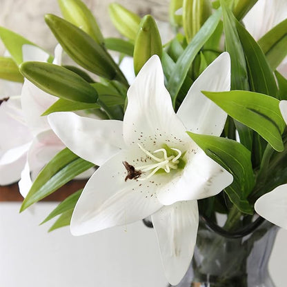 Hananona 8 Pcs Artificial Tiger Lily Real Touch Easter Lily Fake Spring Flowers for Wedding Home Party Easter Decoration Plastic Cemetery Faux Flowers (White, 8)