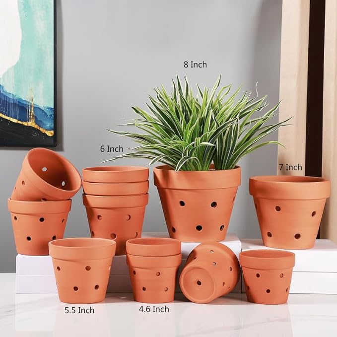Yishang 4.6 Inches Terracotta Orchid Pots with Holes - Set of 8 Clay Orchid Planter Pots for Repotting, Small Flower Plant Pots for Orchid Indoor & Outdoor, Promotes Air Circulation