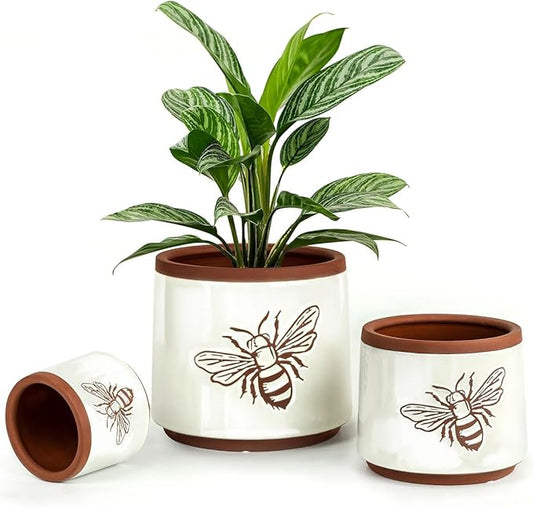 YBX Terracotta Pots Inch with Drainage Holes, Bee Decor, Ceramic Pots for Indoor Plants Flower Pots Outdoor, Succulent, Herbs, Snake Plants (White, 8+6+4 Inch)