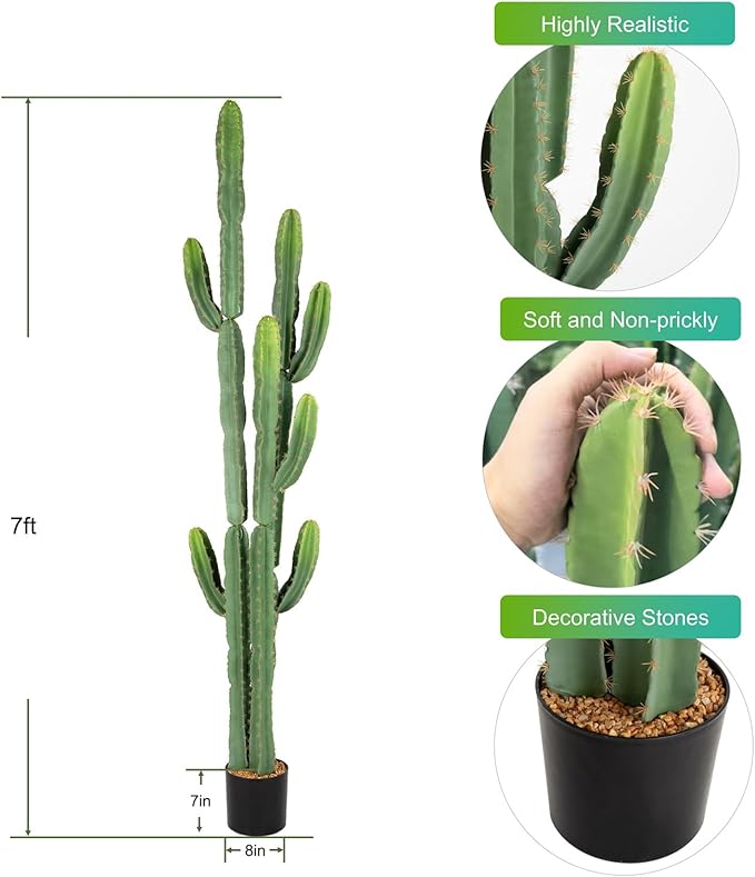 UV-Resistant Artificial Fake Cactus Plants 7ft – Large Faux Cowboy Cactus for Indoor & Outdoor Home, Office, or Garden Decor