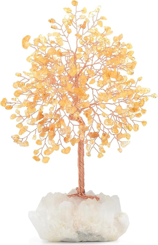 Gemstone Crystal Tree of Life,Natural Citrine with Row Clear Quartz Base,Chakra Healing Crystals Positive Energy Fengshui Decor Bonsai Money Tree,Home Decor Gift Height 8.5-9 Inches
