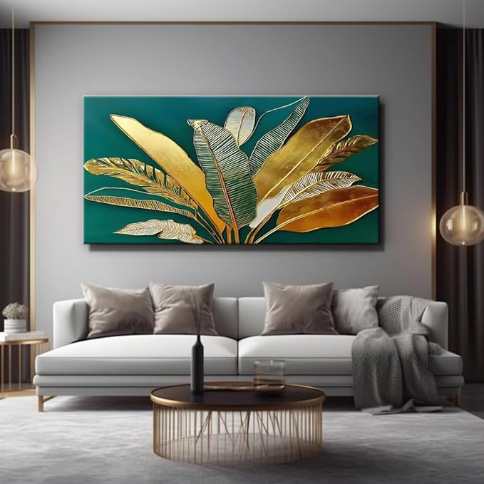 IDAFU Green Leaf Wall Art, Green and Gold Leaves Wall Painting, Emerald Green Tropical Botanical Décor Canvas Prints, Abstract Sage Boho Painting for Office Home Décor, Ready to Hang 32L x 16W