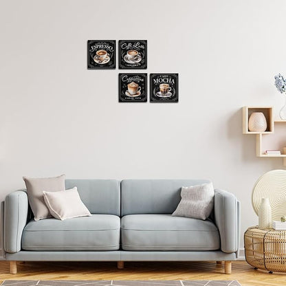 4 PCs Coffee Wall Decor Canvas Wall Art Framed Art Coffee Bar Decor Posters, Gifts for Coffee Lovers, Coffee Bar Sign, Artwork for Walls Coffee Station Dining Room Kitchen Home Office Decor