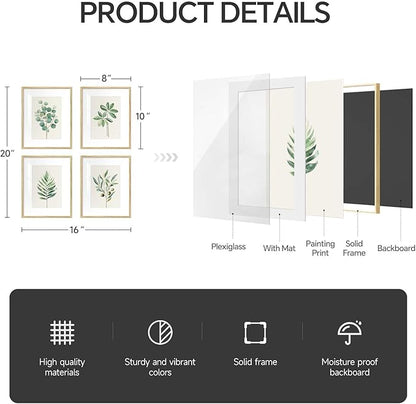 Framed Sage Green Botanical Wall Art for Bathroom, Farmhouse Plant Artwork for Bathroom Decor, 4 Piece Minimalist Vintage Leaf Picture Prints for Bedroom Kitchen Living Room Wall Decor, 8x10 Inch