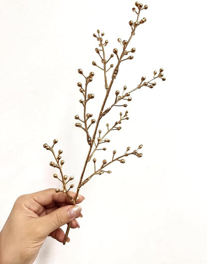 Artificial Golden Berry Stem Decorations, Fake Bead Sticks Picks Plastic Plants for Home Party Christmas Berries Stems Tree Ornaments Wreath Crafts DIY Gift Wedding Bouquet Xmas Decor Gold 6 Pcs