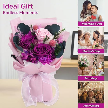 Vaanshie Forever Flowers Bouquet, Preserved Long Lasting Pink-Purple Roses Flower Bouquet for Valentine’s Day, Christmas, Anniversary, Birthday Gifts for Her Ideal for Mother's Day Gifting