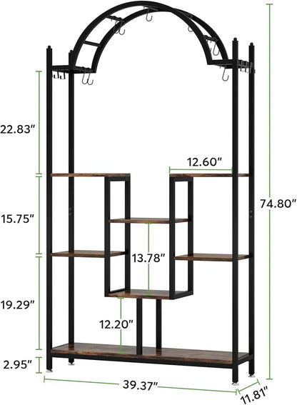 Tribesigns 5-Tier Tall Indoor Plant Stand, 74.8'' Arched Metal Flower Shelf with Hanging Hooks, Large Bonsai Pots Display Rack for Indoor, Balcony, Living Room