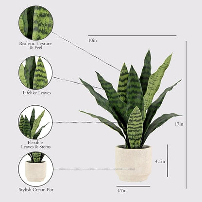 CG Hunter Faux Snake Plant & Fern, Set-of-2 Premium Artificial Indoor Plants, Enhances Interior Design, Lifelike-Leaves Create Realistic Natural Appearance, Grey Planter Pot Included