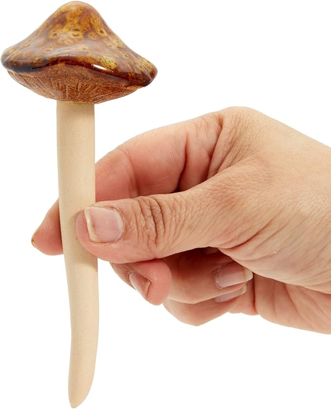 Juvale Ceramic Outdoor Mushrooms Plant Stakes - 5 in, Assorted Brown, Red, Orange & Green, 4-Pack - Set of Garden Mushrooms for Planter Pots & Indoor & Outdoor Garden Decor