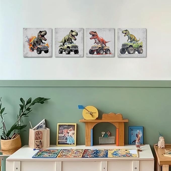 4 Pcs Dinosaur Canvas Wall Art Framed Dinosaurs Art Posters Retro Pictures Wall Decor Dinosaur Room Decor for Boys Canvas Decoration Artwork for Walls Home Living Room Bedroom Office