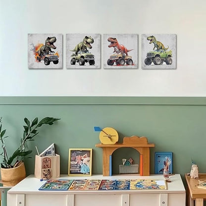 4 Pcs Dinosaur Canvas Wall Art Framed Dinosaurs Art Posters Retro Pictures Wall Decor Dinosaur Room Decor for Boys Canvas Decoration Artwork for Walls Home Living Room Bedroom Office