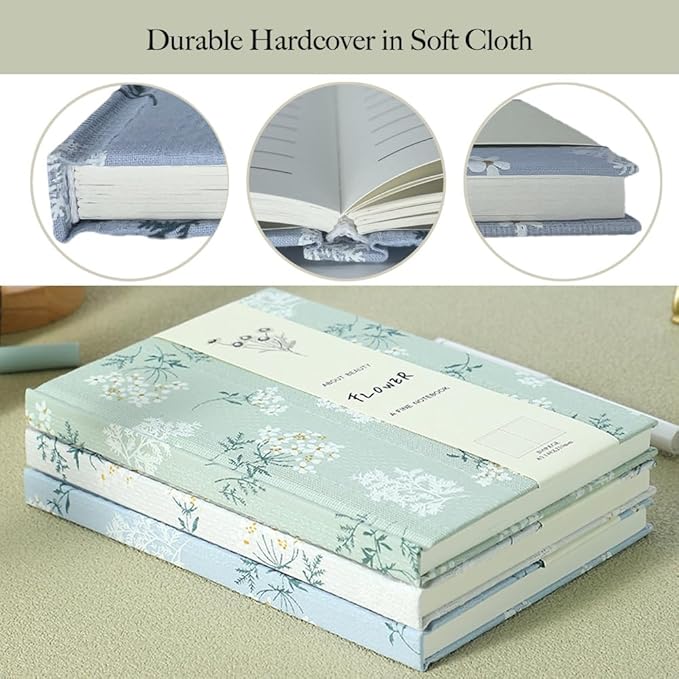 Floral Hardcover Notebook, Flower Journal for women, A5, 200 Pages, 6x8 Medium Lined Notebook, Floret Printed Fabric Cloth, Similar Embroidered Linen, Garden Journal, Green.