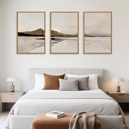 Ausril Beige and Brown Foggy Framed Canvas Wall Art Set, Modern Misty Landscape Wall Decor, Abstract Mountain Lake Wall Painting, Minimalist Nature Art Prints for Living Room, Bedroom - 24"X36"X3