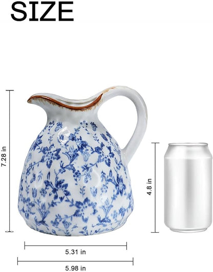 Blue and White Ceramic Vase with Handle – 7.28 Inch Vintage Crackle Glaze Pitcher Style Flower Vase, Chinoiserie Tuscan Decorative Jug for Shelf, Desk, Home Decor
