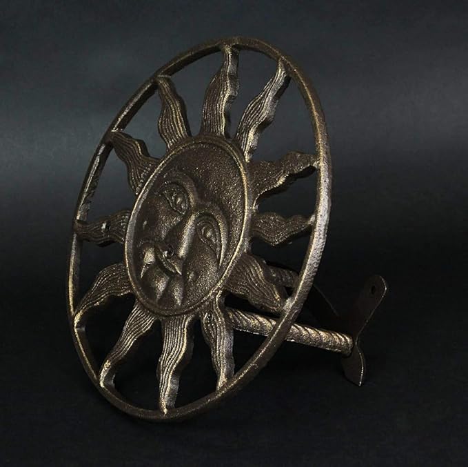 Bronze Finish Cast Iron Sun Face Garden Hose Holder - 12 Inches in Diameter - Decorative Wall-Mounted Outdoor Hanger for Organized and Stylish Outdoor Spaces