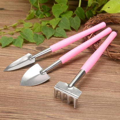 Mini Garden Tool Set 3pcs Iron Shovel Rake Hand Tools for Potted Plants Pink Gardening Weeding Transplanting Kit