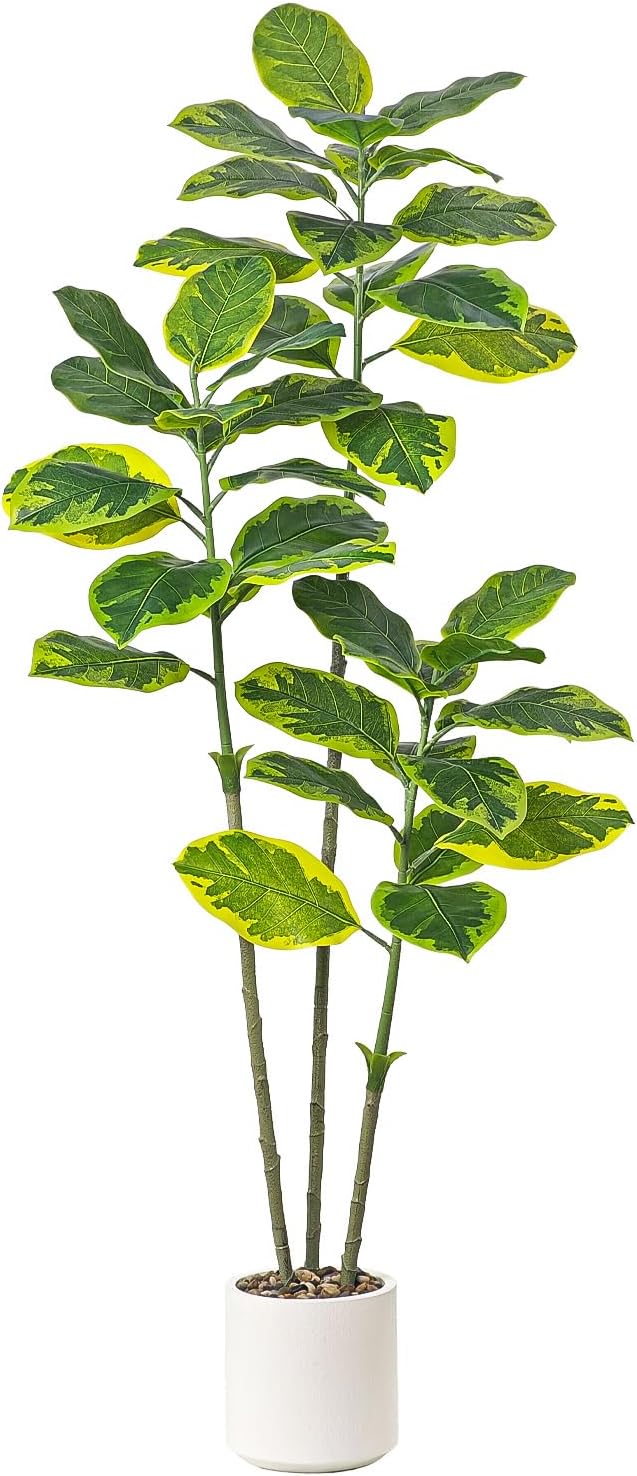 Ficus Tree Artificial Plants Indoor, 5FT Tall Fake Trees in White Pot, Large Potted Silk Floor Plant Artificial Trees, Green Lifelike Faux Ficus Tree for Home Room Office Porch Decor-Yellow