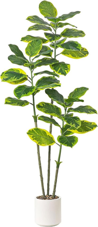 Ficus Tree Artificial Plants Indoor, 5FT Tall Fake Trees in White Pot, Large Potted Silk Floor Plant Artificial Trees, Green Lifelike Faux Ficus Tree for Home Room Office Porch Decor-Yellow