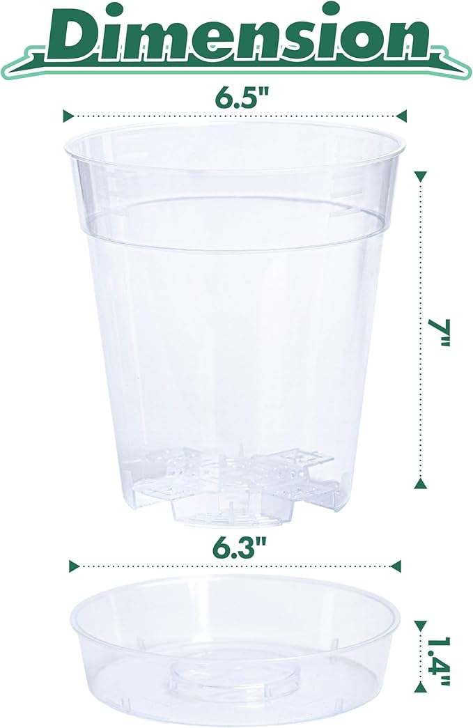 1 Gallon 6 Inch Clear Plastic Plant Pot with Drainage Holes, Interlocking & Detachable Tray - Deep Saucer - Durable BPA-Free Plastic, Transparent Design, Raised Base for Airflow, Set of 6, 92-X-A-6