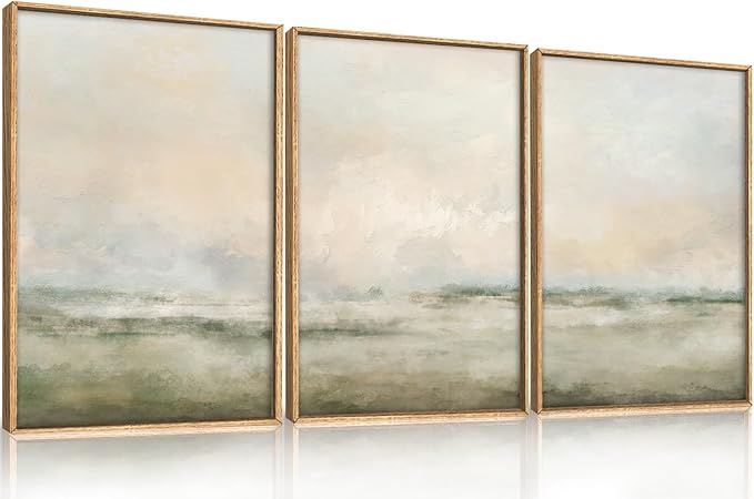 Abstract Beige Green Landscape Framed Canvas Wall Art Set, Watercolor Natural Tan Wall Decor, Minimalist Neutral Modern Scenery Artwork for Living Room, Bedroom,Farmhouse- 16"x24"x3