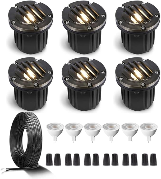 Gardenreet Brass Low Voltage In Ground Lights Kit(6 Pack) with MR16 Bulb & 100Feet Wire & Connectors, 12V AC/DC LED Well Landscape Lights for Outdoor Yard Garden Paver Path(Grated Top)