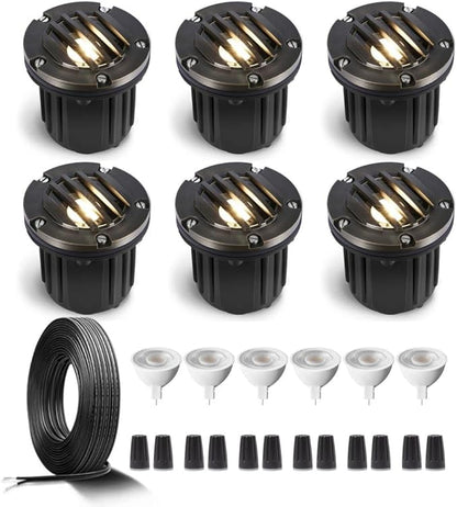 Gardenreet Brass Low Voltage In Ground Lights Kit(6 Pack) with MR16 Bulb & 100Feet Wire & Connectors, 12V AC/DC LED Well Landscape Lights for Outdoor Yard Garden Paver Path(Grated Top)