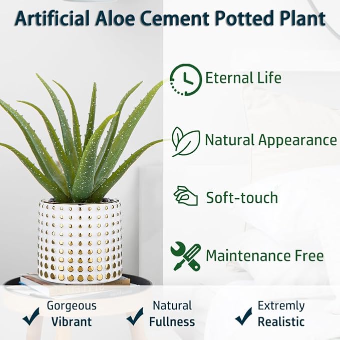 Artificial Succulent Aloe Plants 14.2 Inch Large Faux Succulents with Ceramic Pot Fake Aloe Potted Plant for Home Indoor Bathroom Table Bedroom Shelf Office Decor