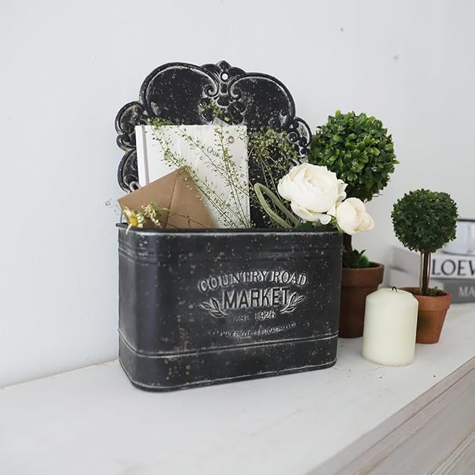 All Chic Set of 2 Metal Hanging Wall Planters Outdoor Indoor Mail Wall Mounted Planter Antique Shabby Chic Wall Decor (Black)