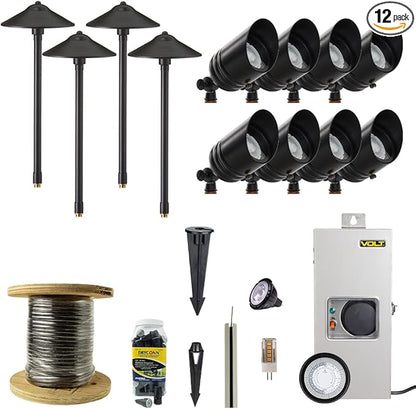 VOLT 12V Black Brass LED Landscape Lighting Kit (8 Spotlights, 4 Path Lights) with 150W Low Voltage Transformer for House, Yard, Outdoor Pathway, Walkway, Garden, Driveway or Patio