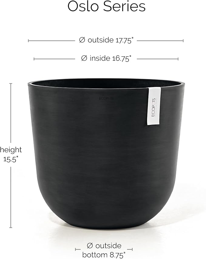Ecopots Oslo Durable Modern Round Indoor/Outdoor Recycled-Based Composite Flower Pot Planter, Dark Grey, 17.75"