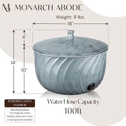 Monarch Abode Garden Hose Holder with Lid – Decorative Water Hose Holders for Outside, Wave Embossed Metal Patina Pot with Drainage, 100ft Waterhose Holder for Outside, Garden Storage Caddy