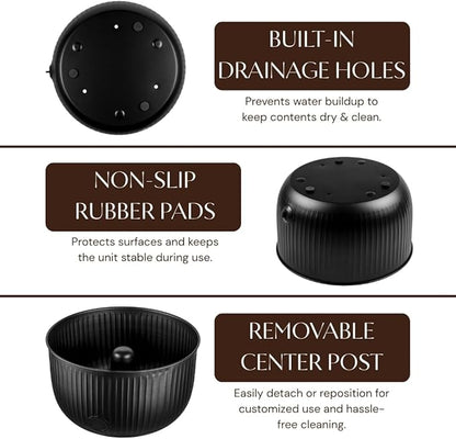 Monarch Abode Garden Hose Holder with Lid – Decorative Water Hose Holders for Outside, Ridge Embossed Metal Matte Black Pot with Drainage, 100ft Waterhose Holder for Outside, Garden Storage Caddy