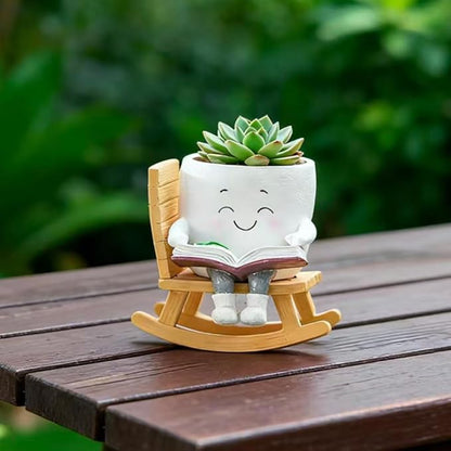 Adorable Smiley Face Reading Flower Pot, Unique Rocking Chair-Style Resin Plant Pot with Drainage Holes, Suitable for Indoor/Outdoor Planting and Home Decor (B)