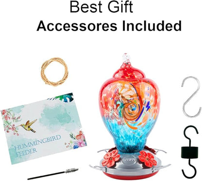 WOSIBO Hummingbird Feeder for Outdoors Patio Large 32 Ounces Colorful Hand Blown Glass Hummingbird Feeder with Ant Moat Hanging Hook, Rope, Brush and Service Card (Red-Blue)