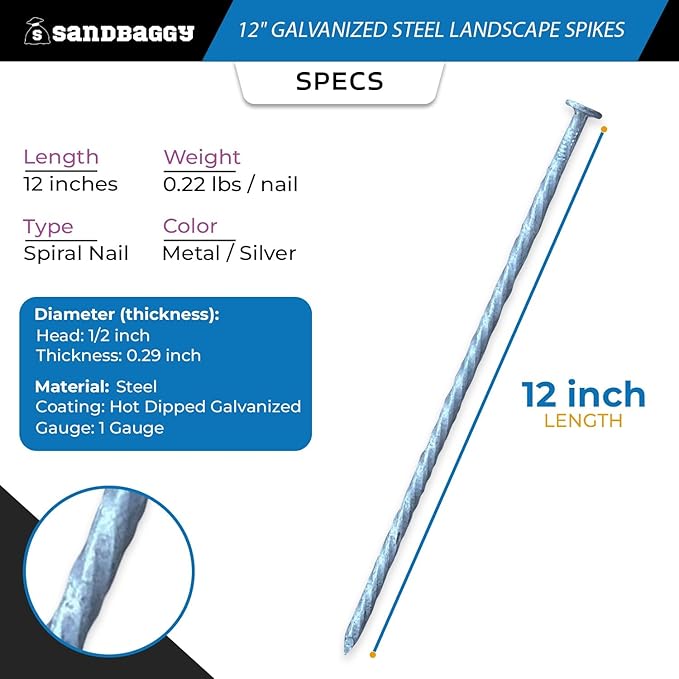 12 in. Galvanized Spiral Landscape Edging Spikes - 1 Gauge Steel - Sandbaggy (12 inch, 100, Count)