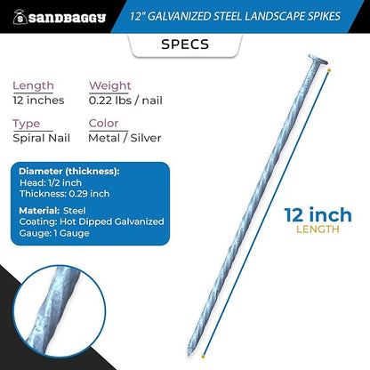 12 in. Galvanized Spiral Landscape Edging Spikes - 1 Gauge Steel - Sandbaggy (12 inch, 100, Count)