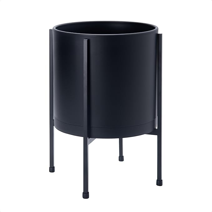 D'vine Dev 10 Inch Black Planter Pot with Stand – Modern Plastic Cylinder Flower Pot with Heavy-Duty Metal Stand for Indoor Plants, 55-D-B-2