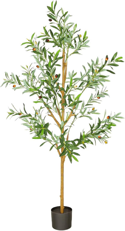 Olive Artificial Trees, 5FT Tall Faux Olive Tree for Indoor and Outdoor, Artificial Plants with Basic Planter, Lifelike Fruits and Realistic Wood Trunk for Home Office Decor