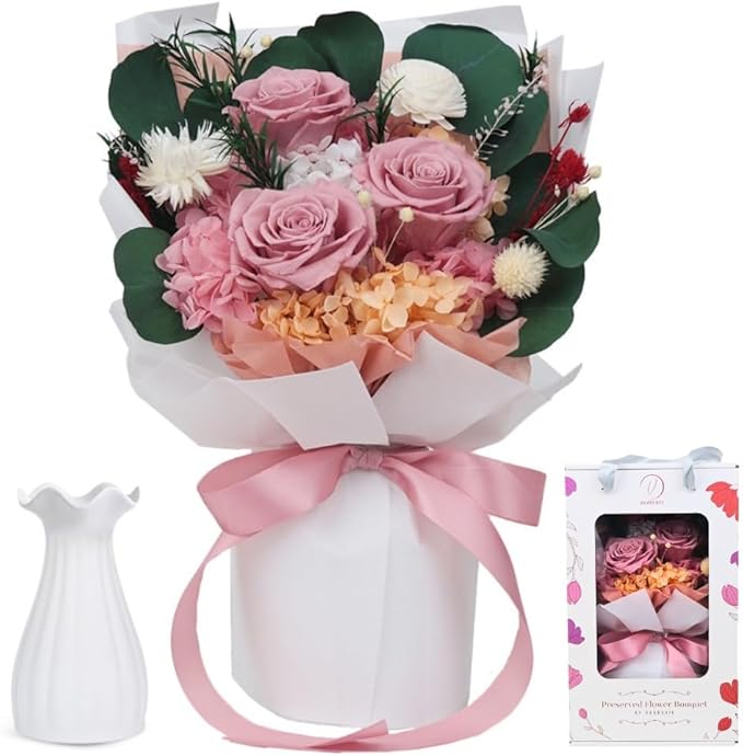 Forever Flowers Bouquet, Preserved Long-Lasting Pastel Pink Roses, Vase-Ready Arrangement for Birthday, Anniversary, Graduation, Valentine’s Day, Mother’s Day Gifts for Women