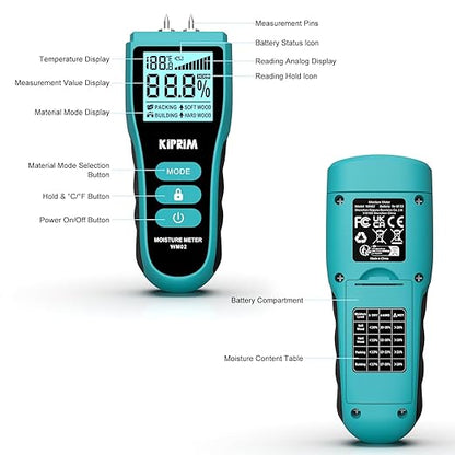 Kiprim Pin-Type Moisture Meter for Wood, Wall, Packing, Building – Digital Moisture Detector with LCD Display, Temperature (°C/°F), Hold Function, 4 Material Modes, Replacement Pins Included WM02