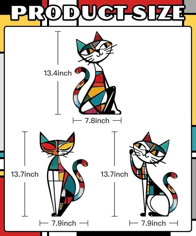 Putuo Decor 3 Pieces Colorful Cat Metal Wall Art, Mid Century Modern Abstract Wall Hanging Sculptures for Cat Lovers Living Room Bedroom Kitchen Hallway Office