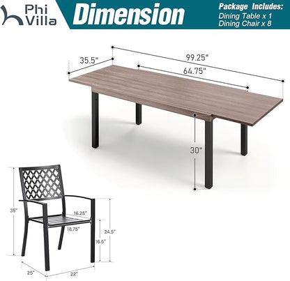 PHI VILLA 9 Pieces Outdoor Dining Set for 8, Expandable Wood-Like Metal Table & Wrought Iron Stackable Chairs, Large Dining Furniture for Patio, Deck, Backyard, Porch
