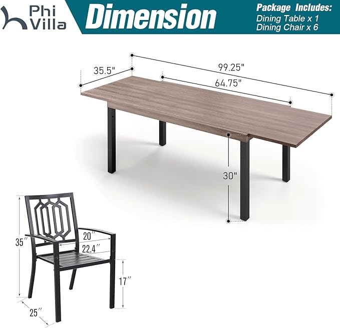PHI VILLA 7 Pieces Outdoor Dining Set for 6, Expandable Wood-Like Metal Table & Wrought Iron Stacking Chairs, Large Long Dining Furniture for Patio, Deck, Backyard, Porch