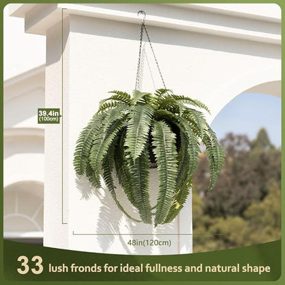 48" Artificial Boston Fern Hanging Plants with Basket - UV Resistant Fake Plant for Outdoor Indoor - Large Realistic Faux Greenery for Front Porch, Front Door, Patio Decor, Set of 1, VN142