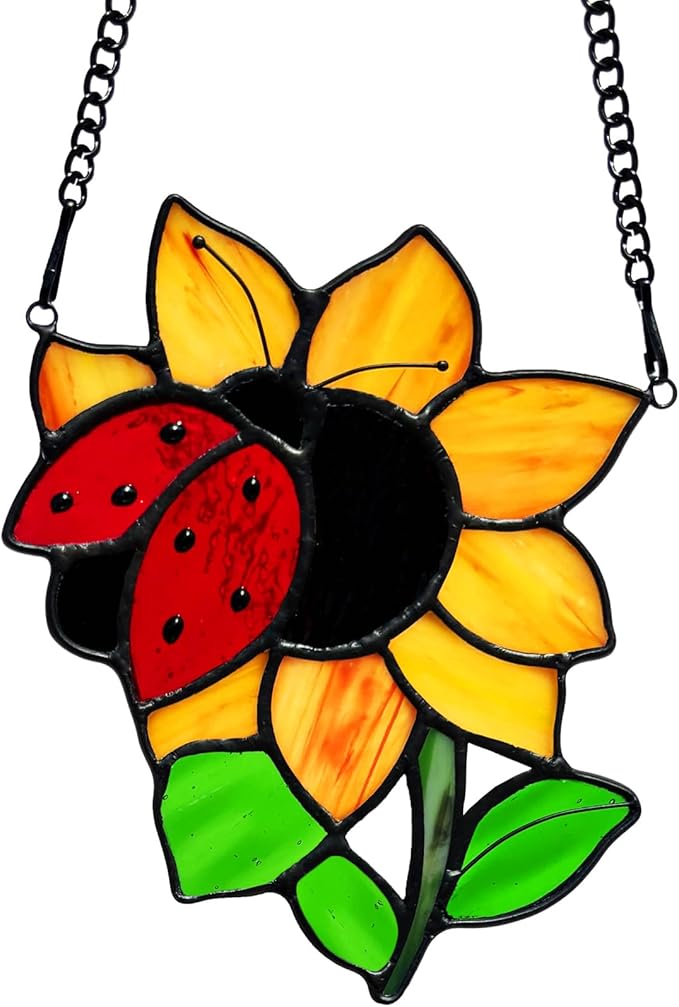 Ladybug Sunflower Stained Glass Window Hangings Suncatcher, Tiffany Style Stained Glass Ladybug Sun Flower Ornament Decor Gifts for Women Mom, Wedding Birthday Christmas Celebration Gifts.