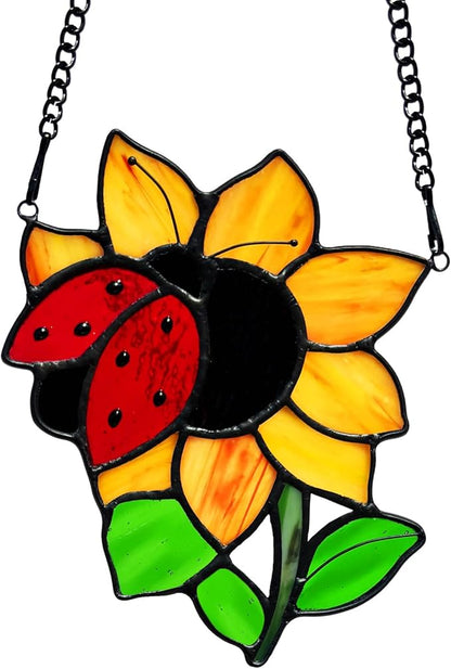 Ladybug Sunflower Stained Glass Window Hangings Suncatcher, Tiffany Style Stained Glass Ladybug Sun Flower Ornament Decor Gifts for Women Mom, Wedding Birthday Christmas Celebration Gifts.