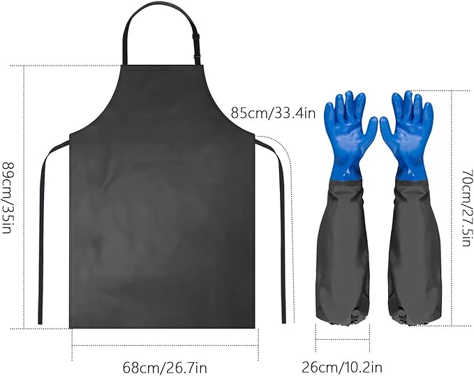 2 Pcs Waterproof Rubber Aprons (40 Inch Long) include 1 Pair 22 Inch Chemical Resistant Rubber Gloves - Adjustable Straps for BBQ, Butcher, Cooking, Kitchen, Grilling & Fishing
